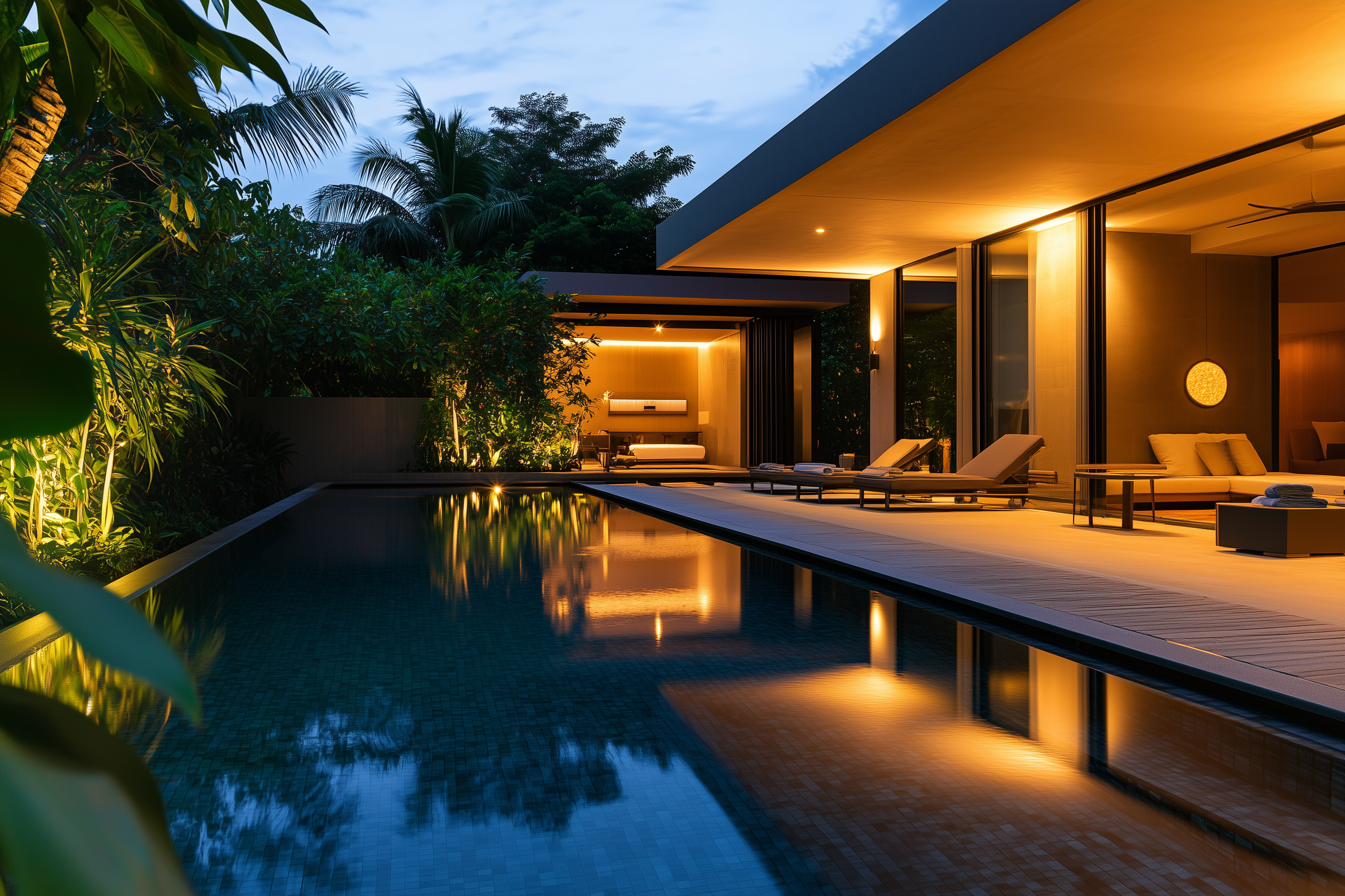 Pool illuminated at dusk
