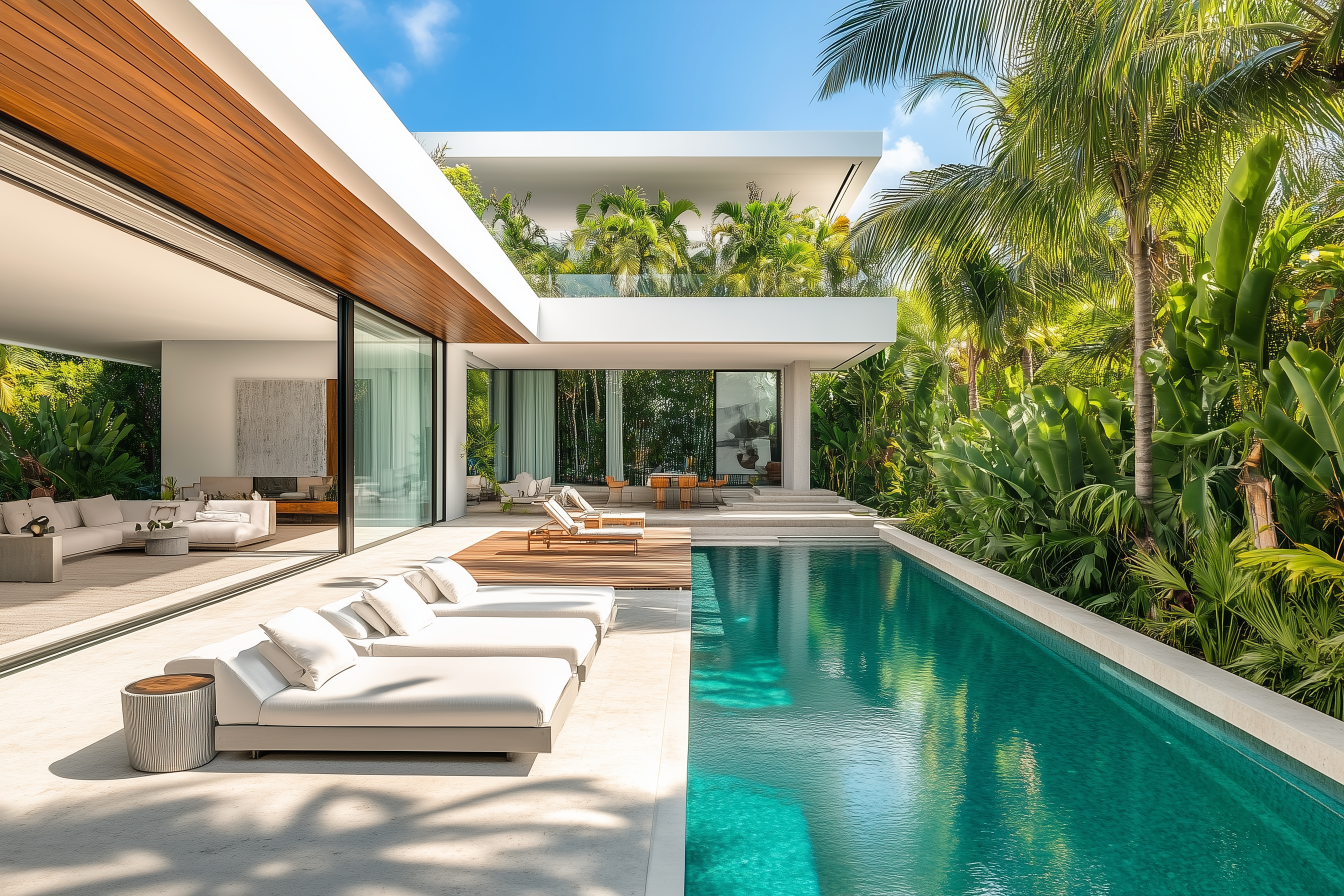 Poolside terrace with sun loungers